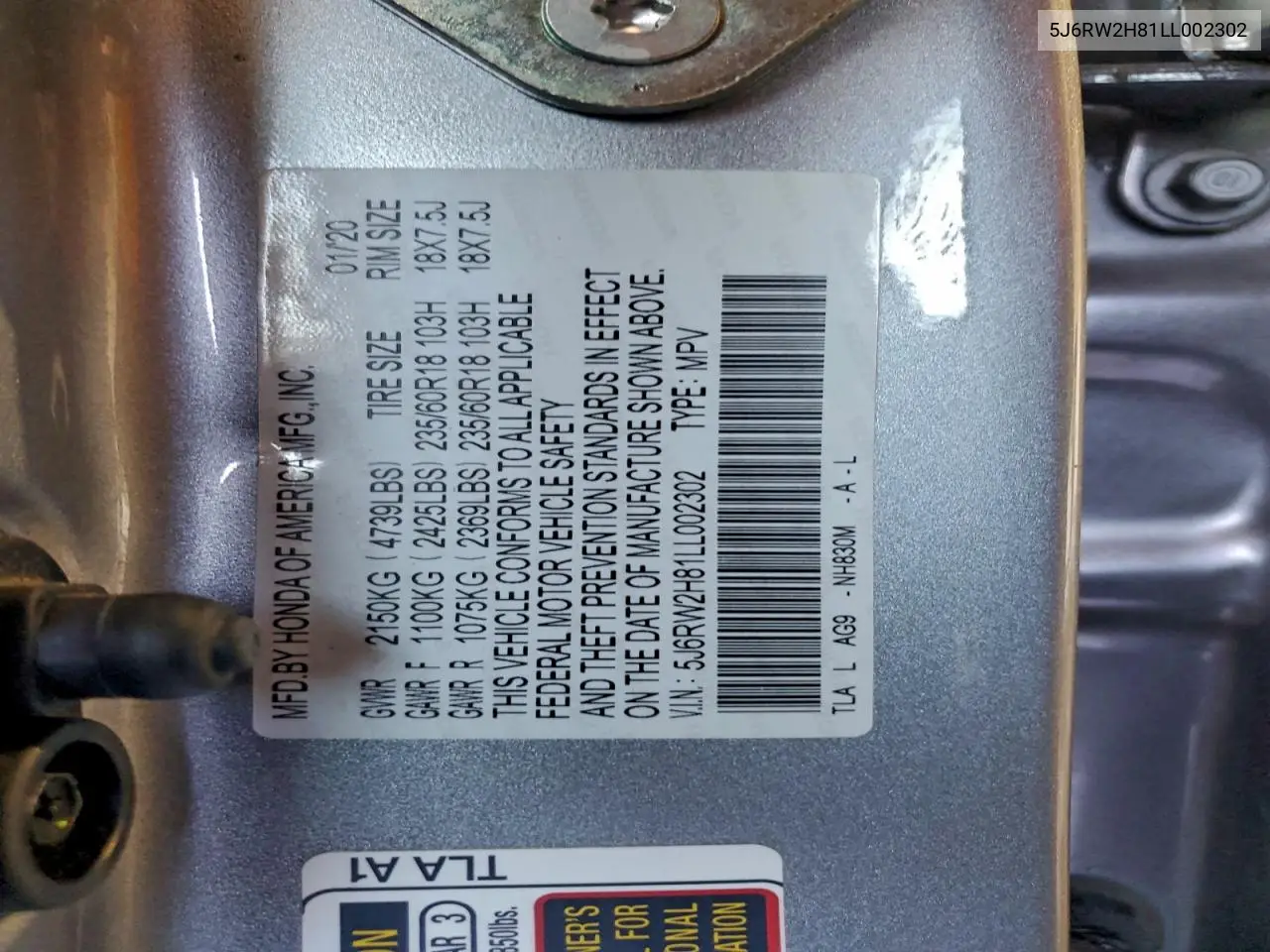5J6RW2H81LL002302 2020 Honda Cr-V Exl