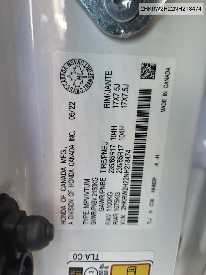 2HKRW2H22NH218474 2022 Honda Cr-V Lx