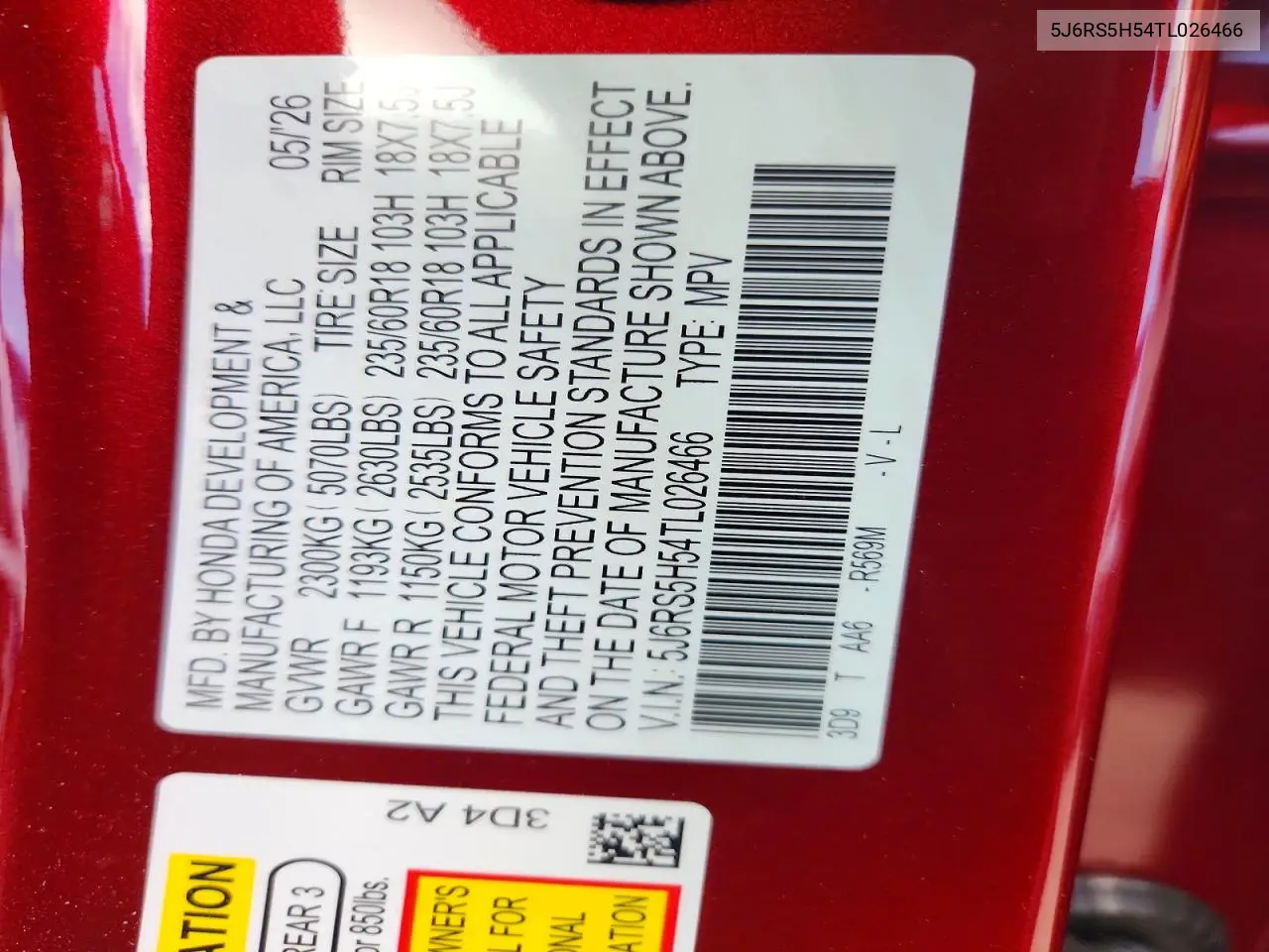 5J6RS5H54TL026466 2026 Honda Cr-V Sport