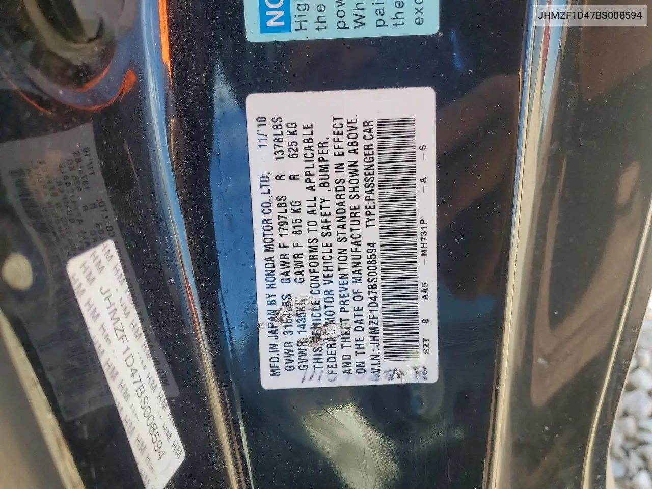 2011 Honda Cr-Z VIN: JHMZF1D47BS008594 Lot: 78464205