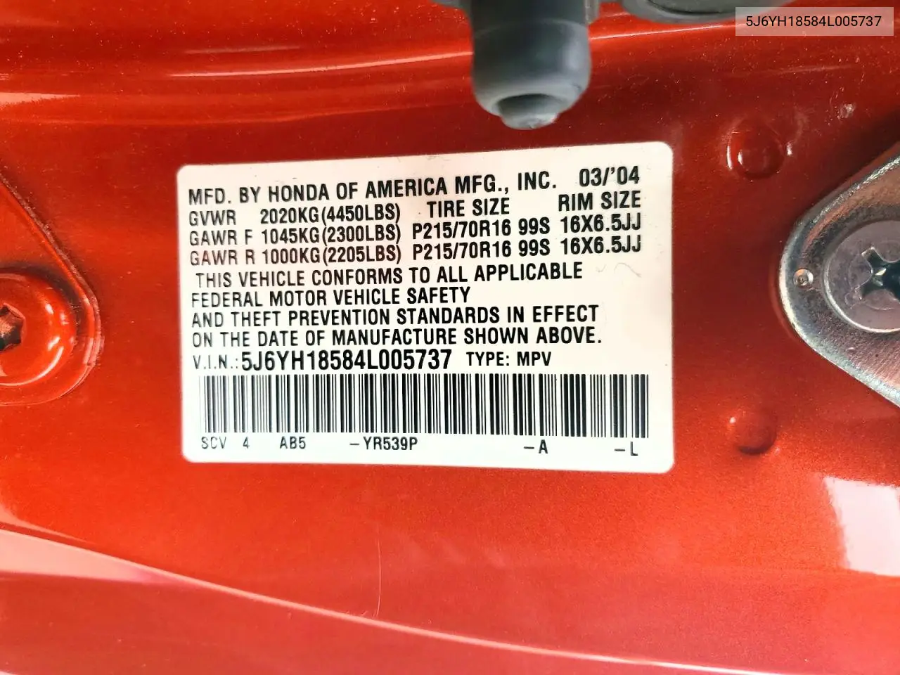 2004 Honda Element Ex VIN: 5J6YH18584L005737 Lot: 52852666