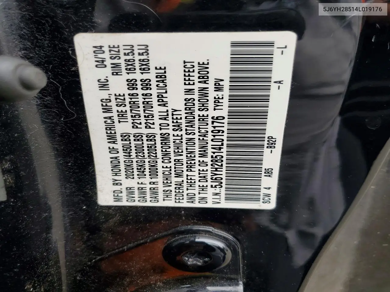 2004 Honda Element Ex VIN: 5J6YH28514L019176 Lot: 59529586