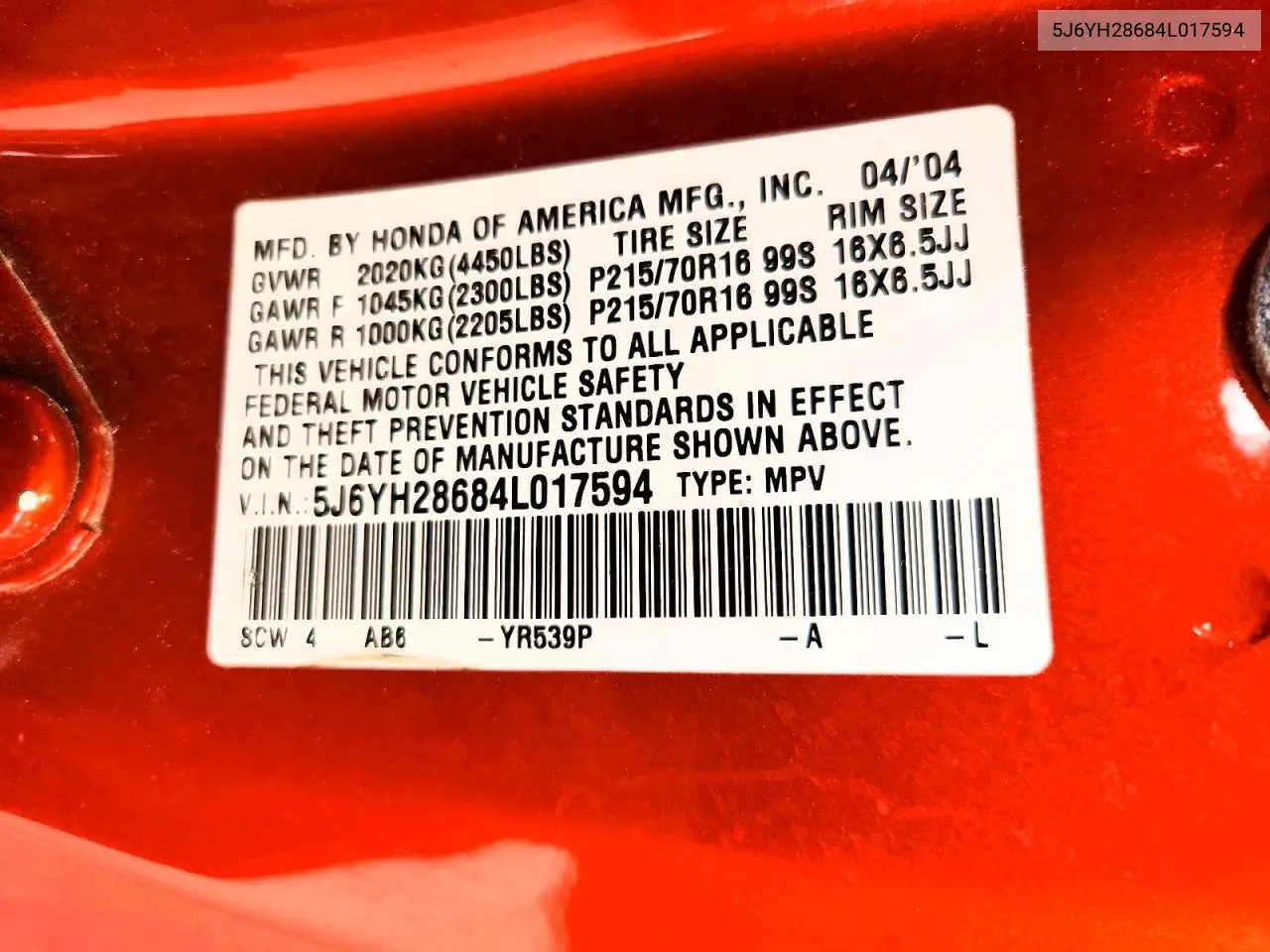 2004 Honda Element Ex VIN: 5J6YH28684L017594 Lot: 59629966