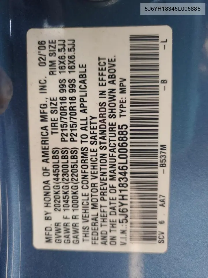 5J6YH18346L006885 2006 Honda Element Lx