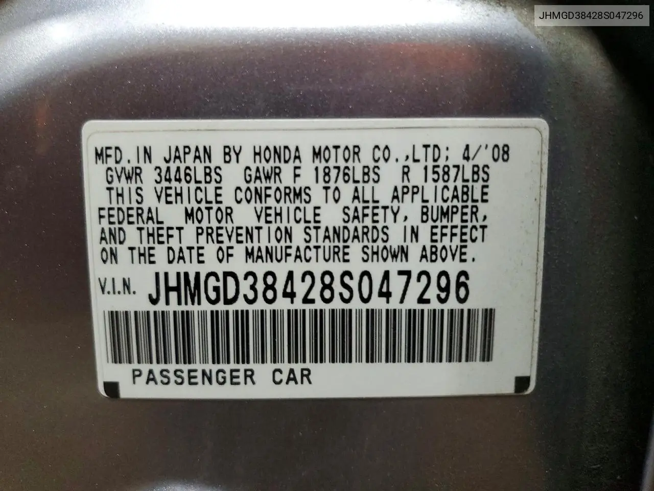 2008 Honda Fit VIN: JHMGD38428S047296 Lot: 59404376