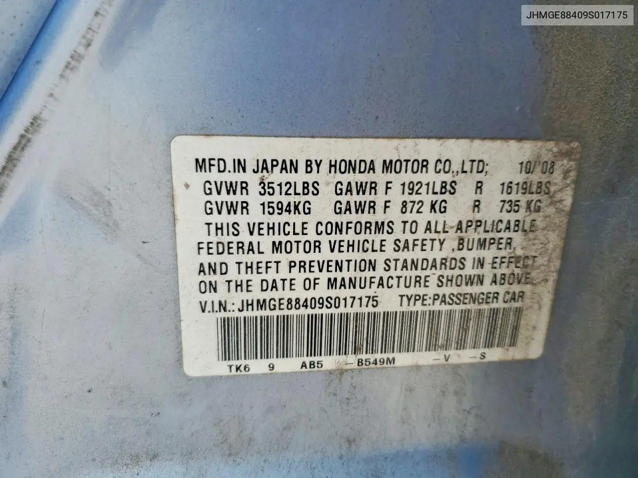 2009 Honda Fit Sport VIN: JHMGE88409S017175 Lot: 61151866