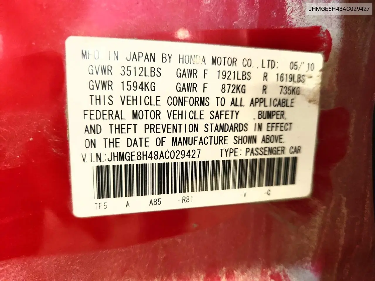 2010 Honda Fit Sport VIN: JHMGE8H48AC029427 Lot: 60505826