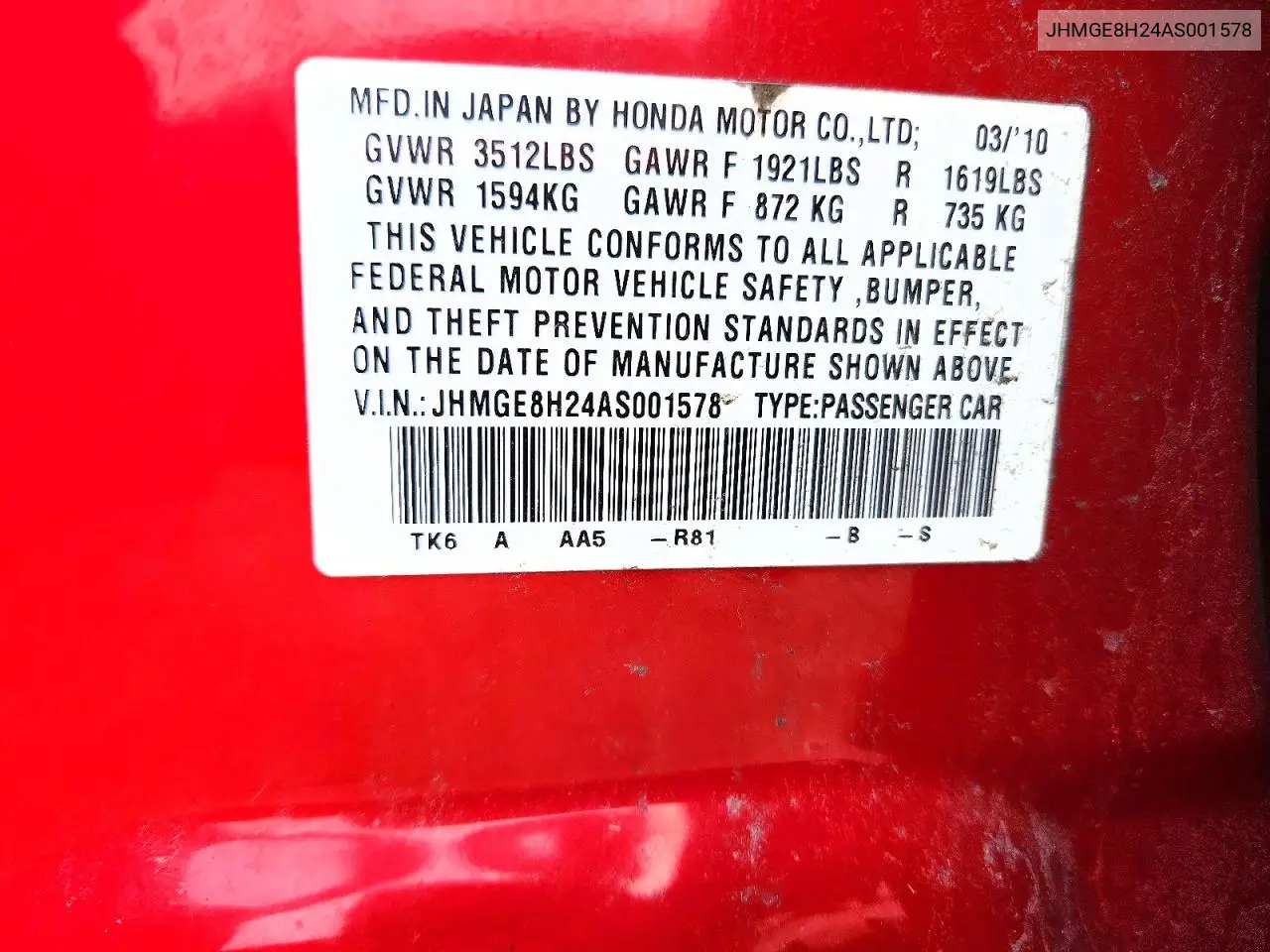 2010 Honda Fit VIN: JHMGE8H24AS001578 Lot: 60976016