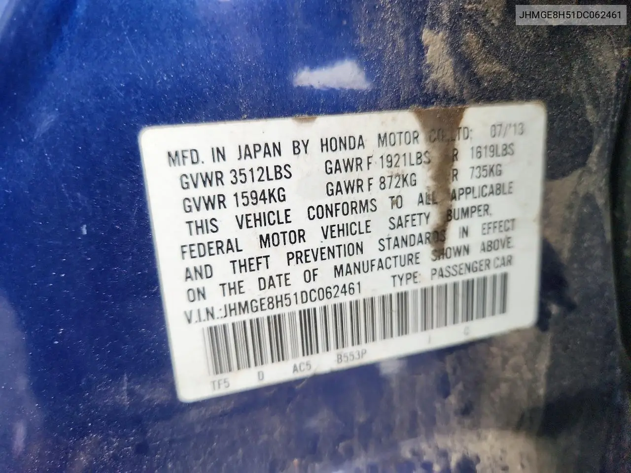 2013 Honda Fit Sport VIN: JHMGE8H51DC062461 Lot: 58901386