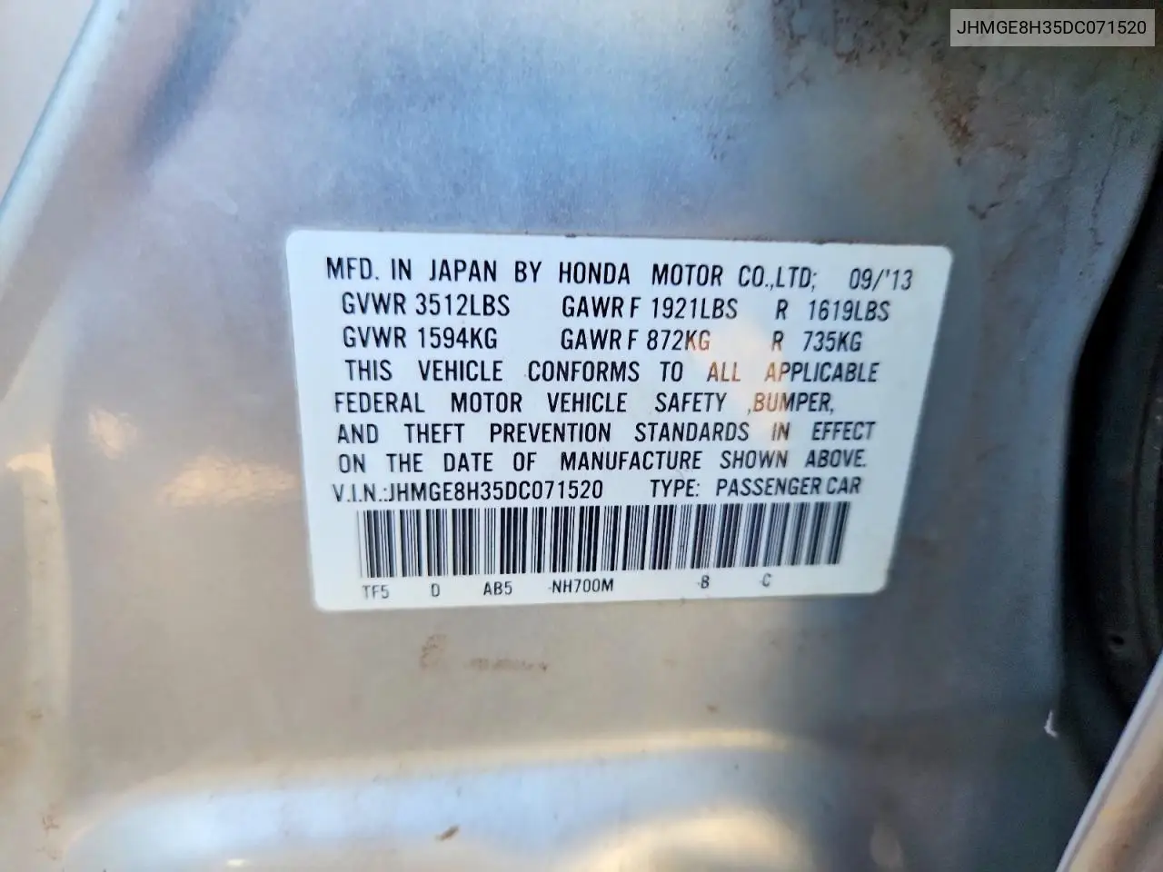 2013 Honda Fit VIN: JHMGE8H35DC071520 Lot: 59917936