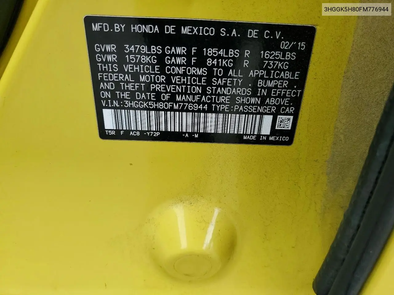 2015 Honda Fit Ex/Exl VIN: 3HGGK5H80FM776944 Lot: 61447046