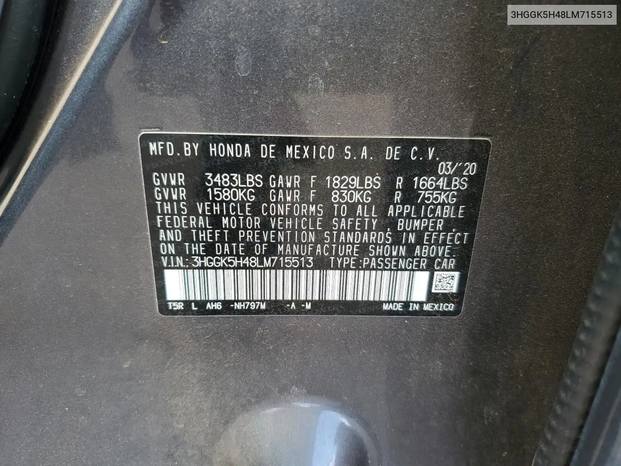 3HGGK5H48LM715513 2020 Honda Fit Lx