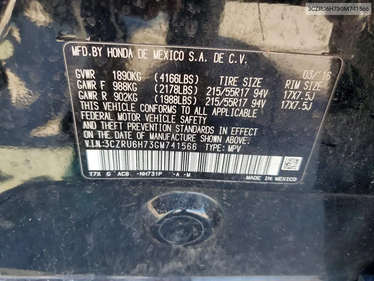 2016 Honda Hr-V Exl VIN: 3CZRU6H73GM741566 Lot: 56596786