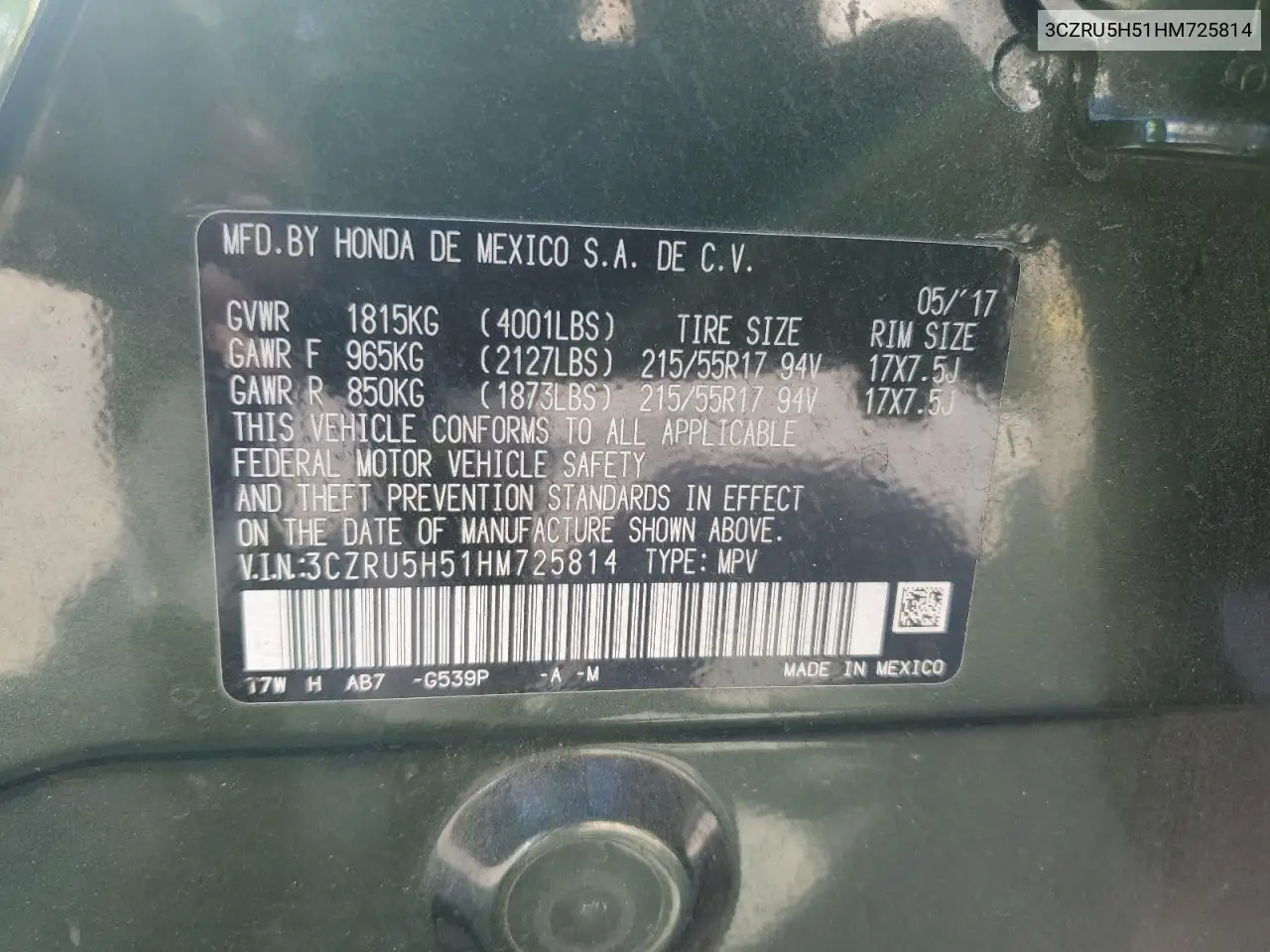 3CZRU5H51HM725814 2017 Honda Hr-V Ex