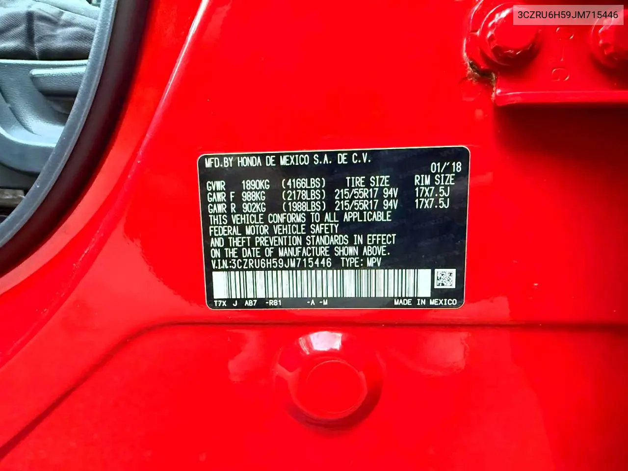 2018 Honda Hr-V Ex VIN: 3CZRU6H59JM715446 Lot: 61984136