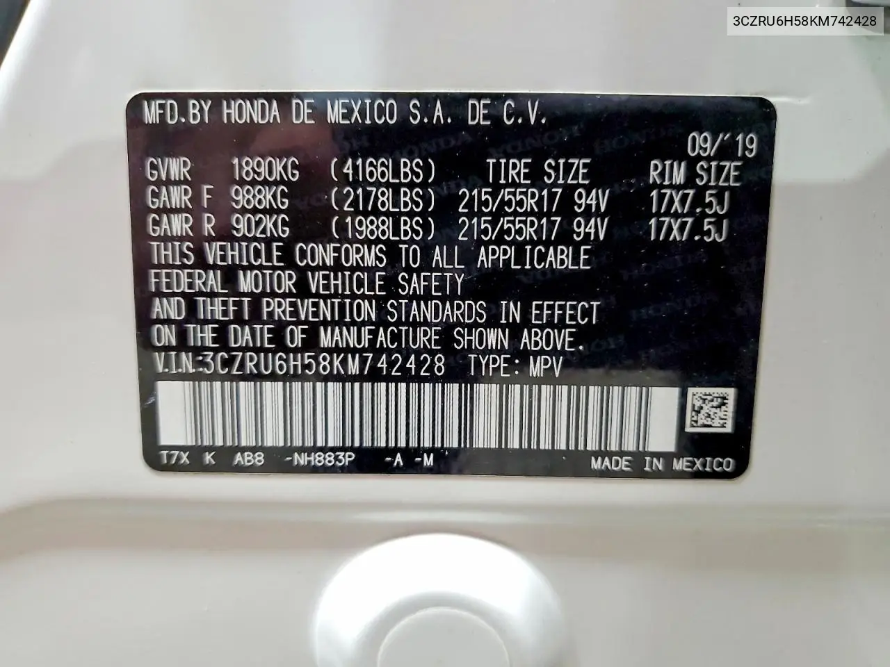 2019 Honda Hr-V Ex VIN: 3CZRU6H58KM742428 Lot: 59150806