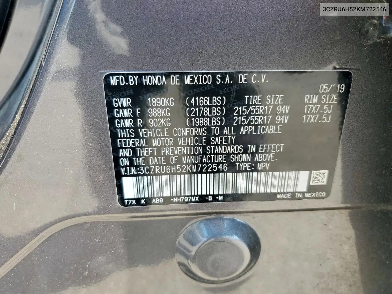 2019 Honda Hr-V Ex VIN: 3CZRU6H52KM722546 Lot: 59742516