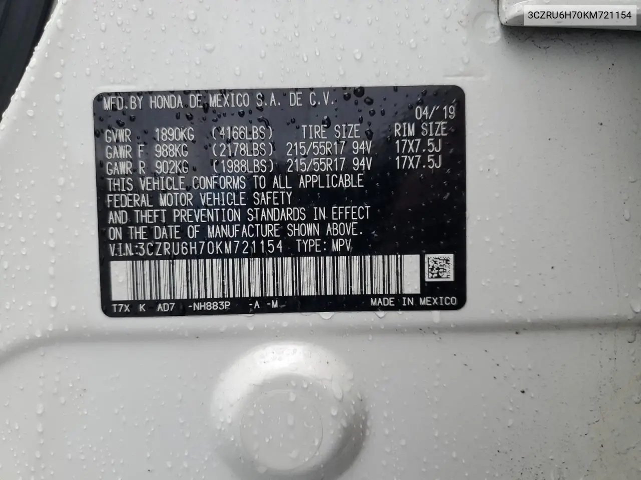 3CZRU6H70KM721154 2019 Honda Hr-V Exl