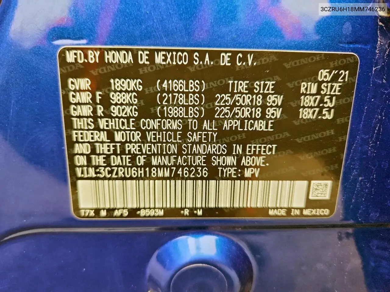 3CZRU6H18MM746236 2021 Honda Hr-V Sport