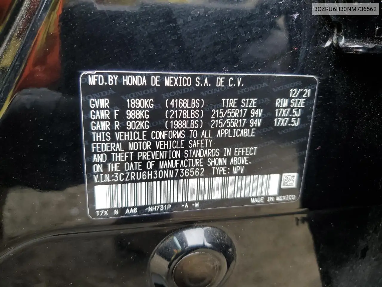 3CZRU6H30NM736562 2022 Honda Hr-V Lx