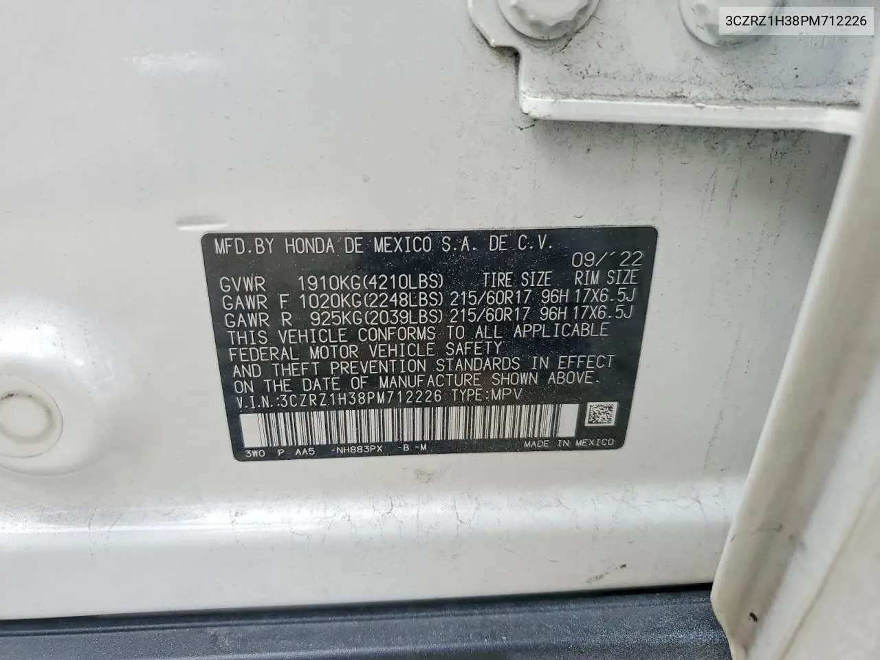 2023 Honda Hr-V Lx VIN: 3CZRZ1H38PM712226 Lot: 49789146