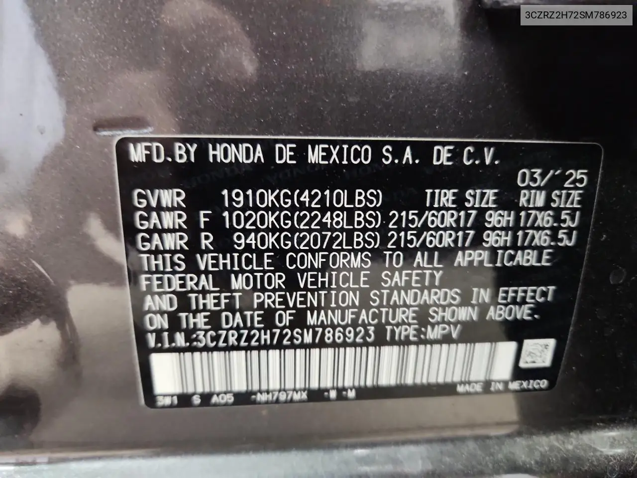 3CZRZ2H72SM786923 2025 Honda Hr-V Exl