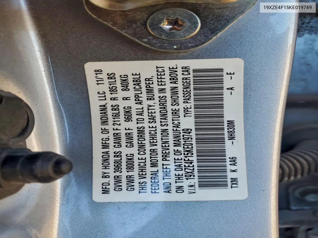 19XZE4F15KE019749 2019 Honda Insight Lx
