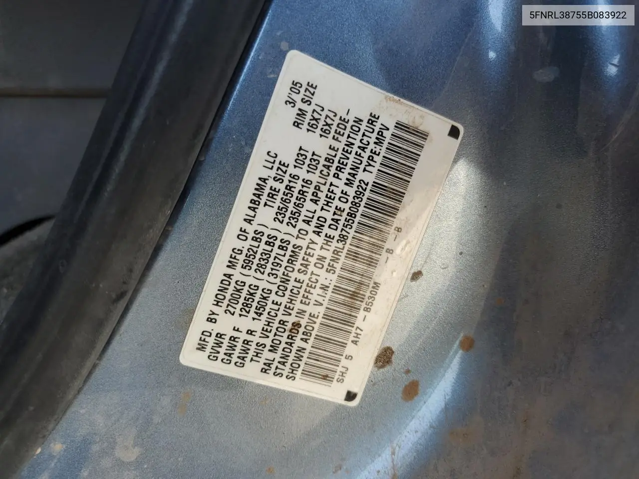 5FNRL38755B083922 2005 Honda Odyssey Exl