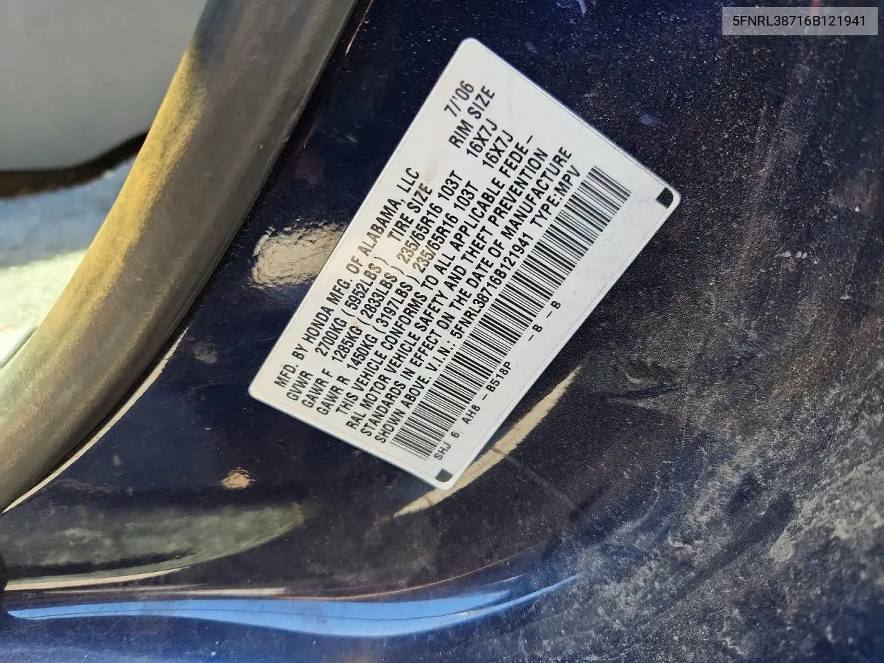 2006 Honda Odyssey Exl VIN: 5FNRL38716B121941 Lot: 62177446