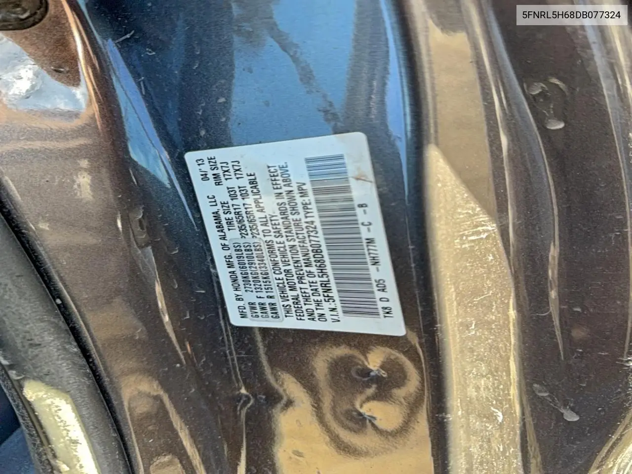 5FNRL5H68DB077324 2013 Honda Odyssey Exl