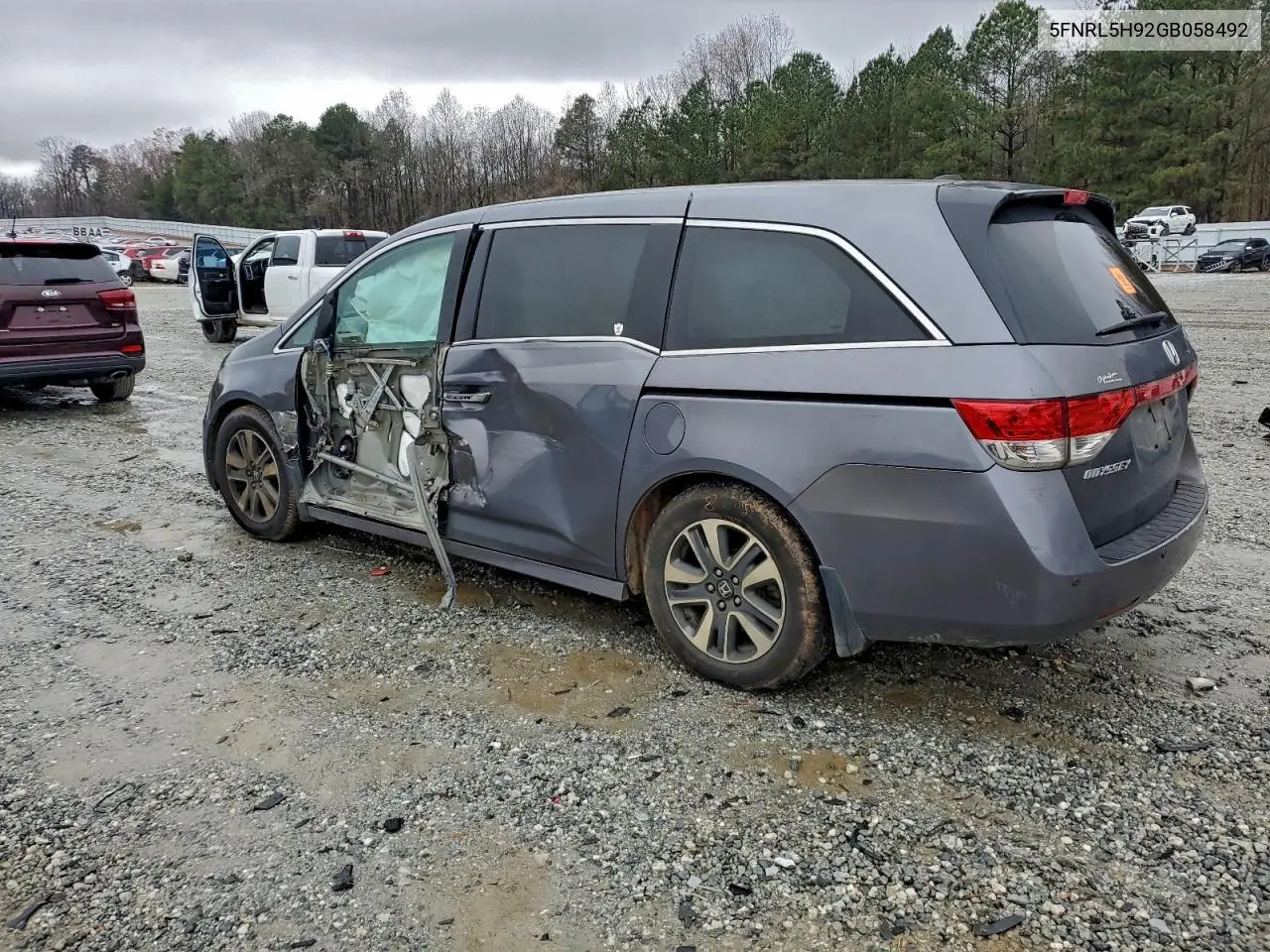 5FNRL5H92GB058492 2016 Honda Odyssey Touring