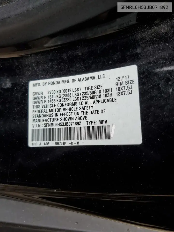 5FNRL6H53JB071892 2018 Honda Odyssey Ex