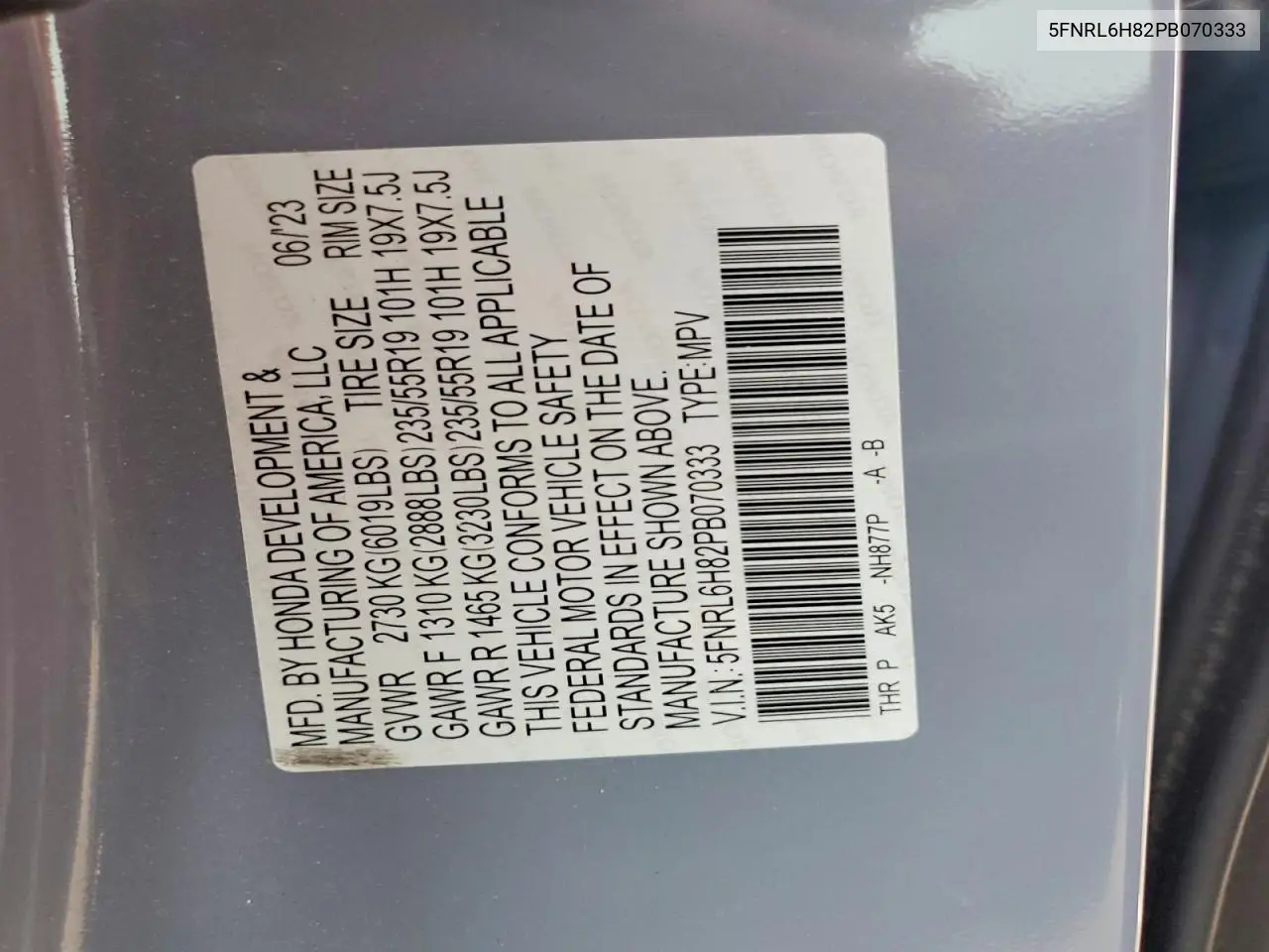 2023 Honda Odyssey Touring VIN: 5FNRL6H82PB070333 Lot: 61912426