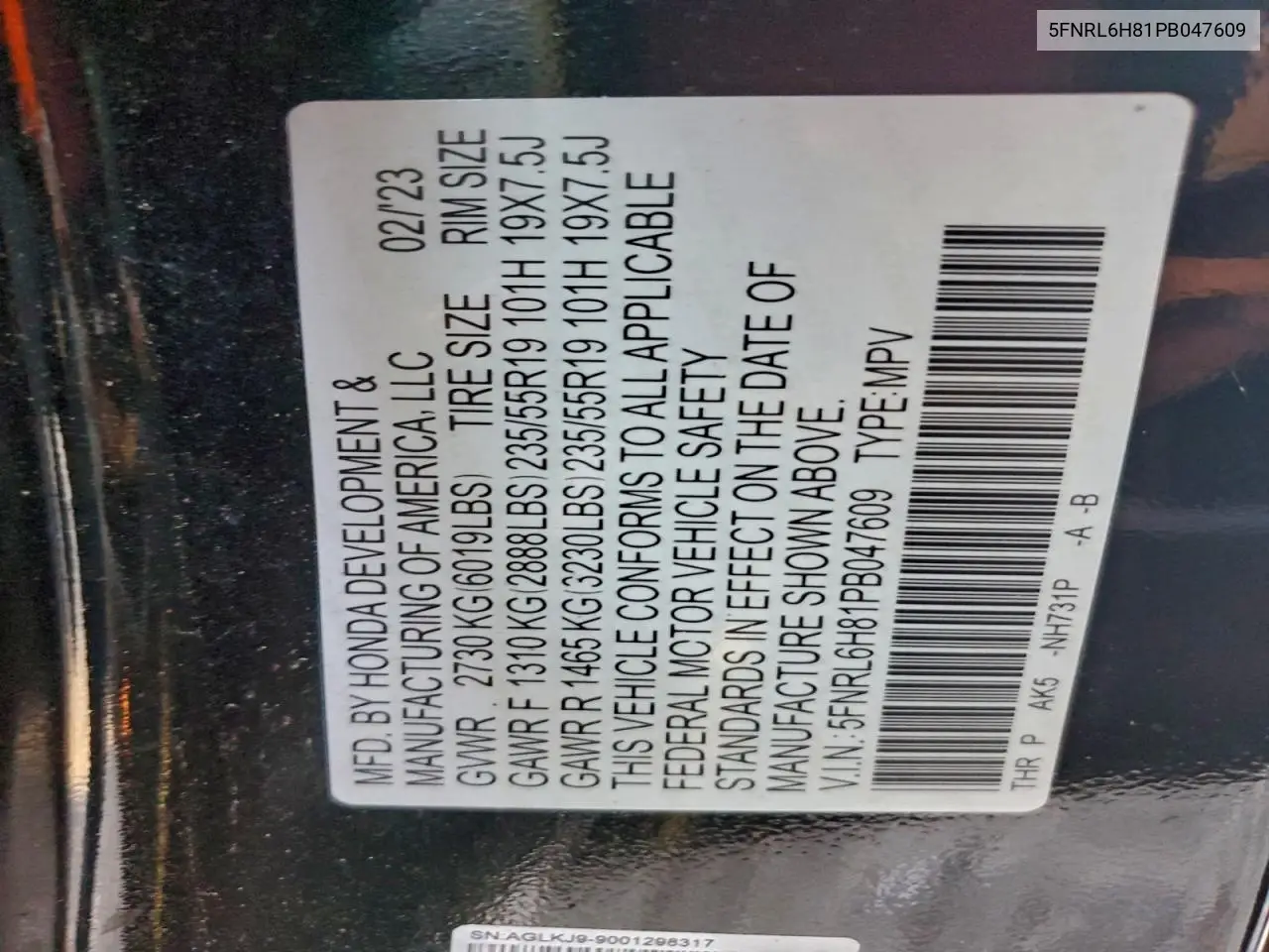 5FNRL6H81PB047609 2023 Honda Odyssey Touring