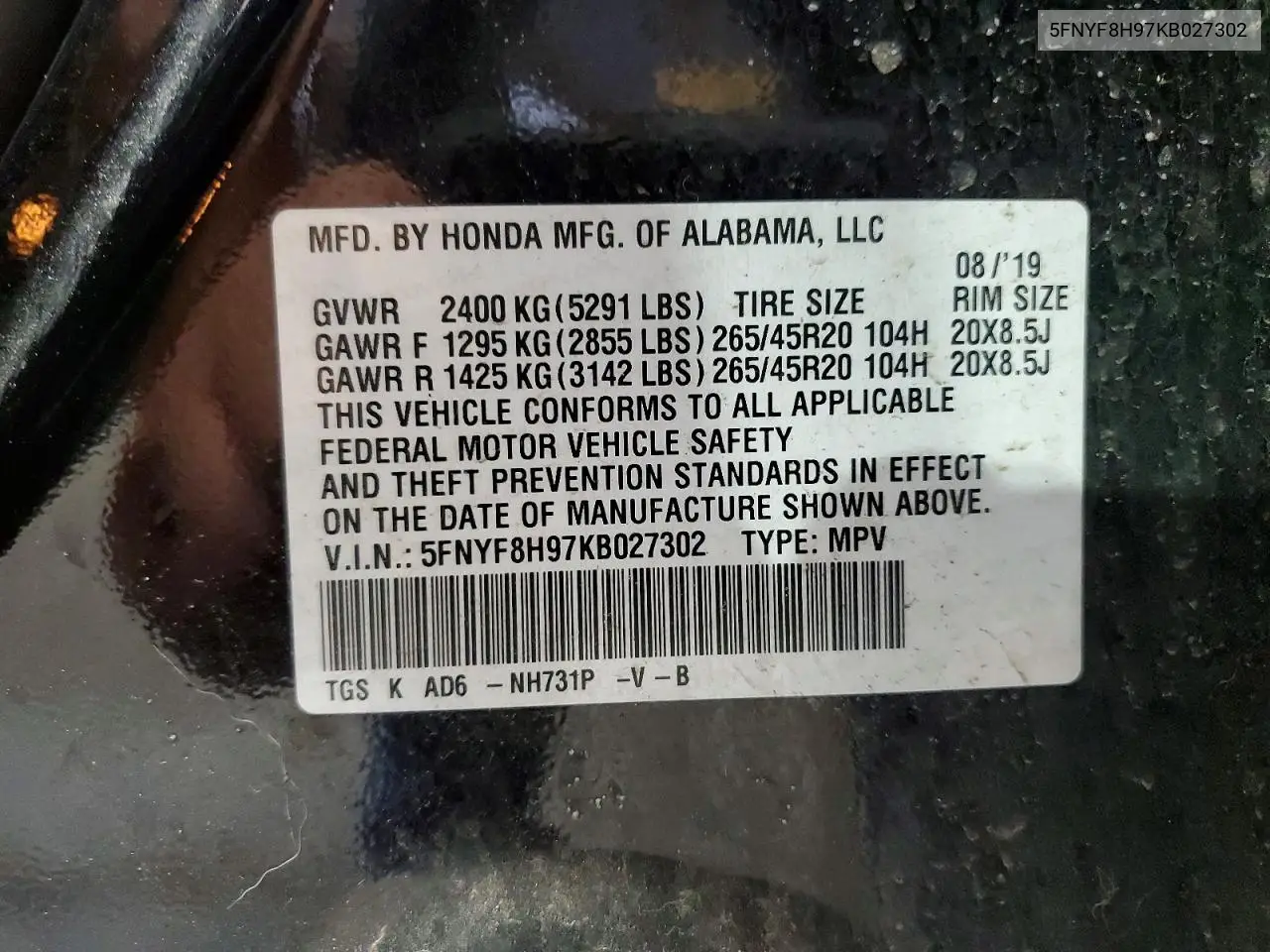 2019 Honda Passport Touring VIN: 5FNYF8H97KB027302 Lot: 56538036