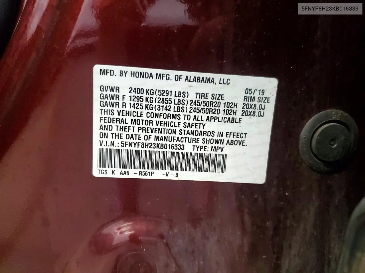 2019 Honda Passport Sport VIN: 5FNYF8H23KB016333 Lot: 59691826