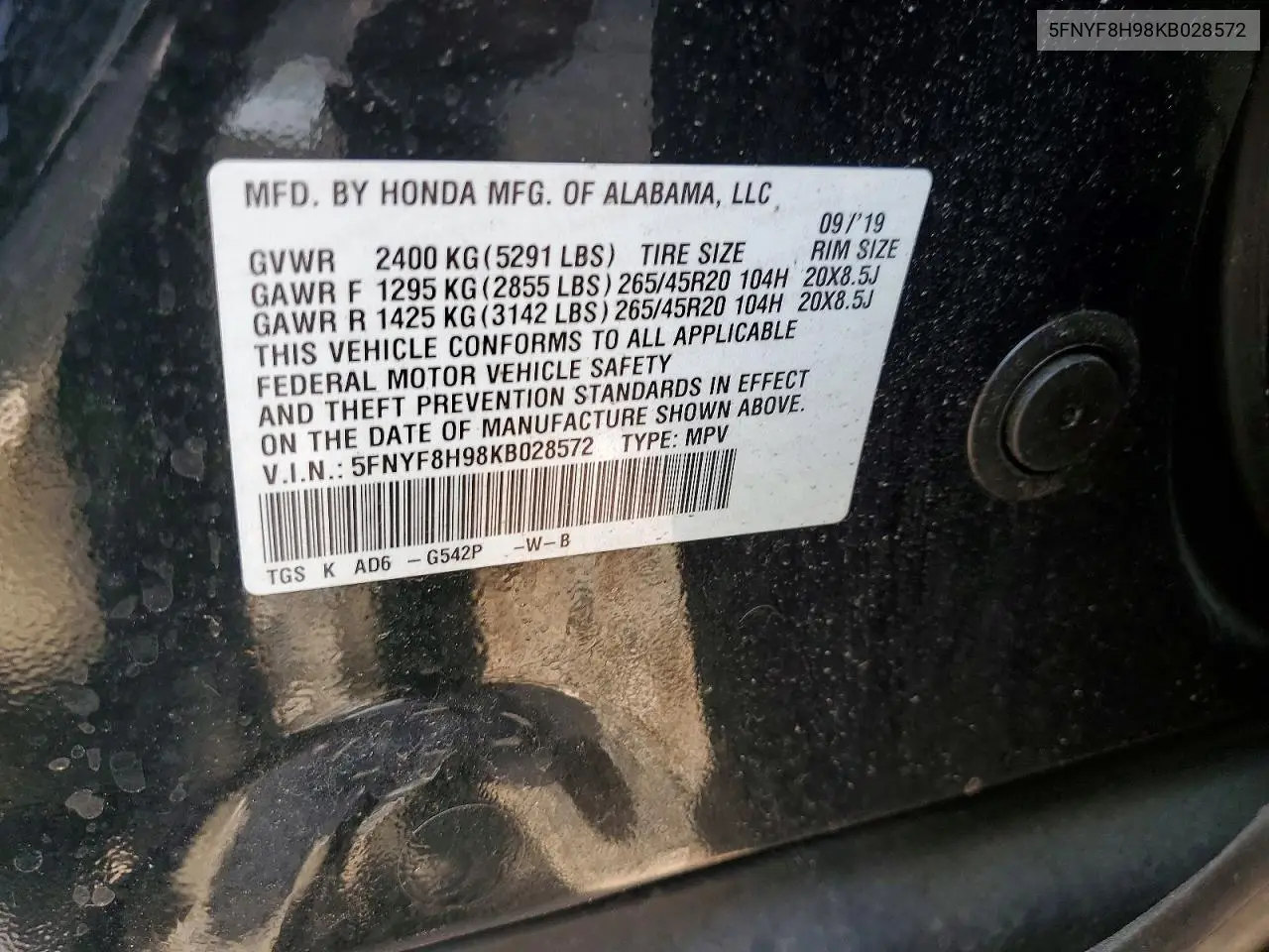 2019 Honda Passport Touring VIN: 5FNYF8H98KB028572 Lot: 60766266