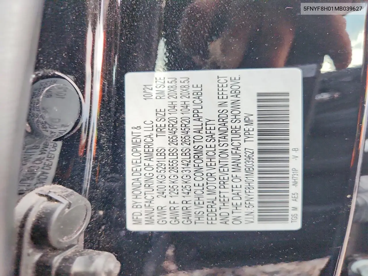 2021 Honda Passport Elite VIN: 5FNYF8H01MB039627 Lot: 53297446