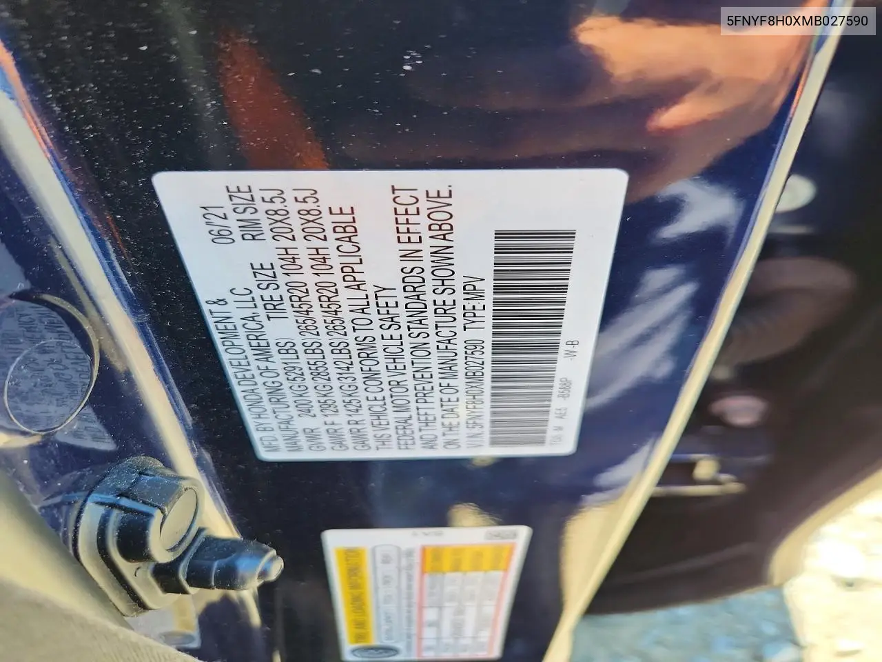 2021 Honda Passport Elite VIN: 5FNYF8H0XMB027590 Lot: 57405326