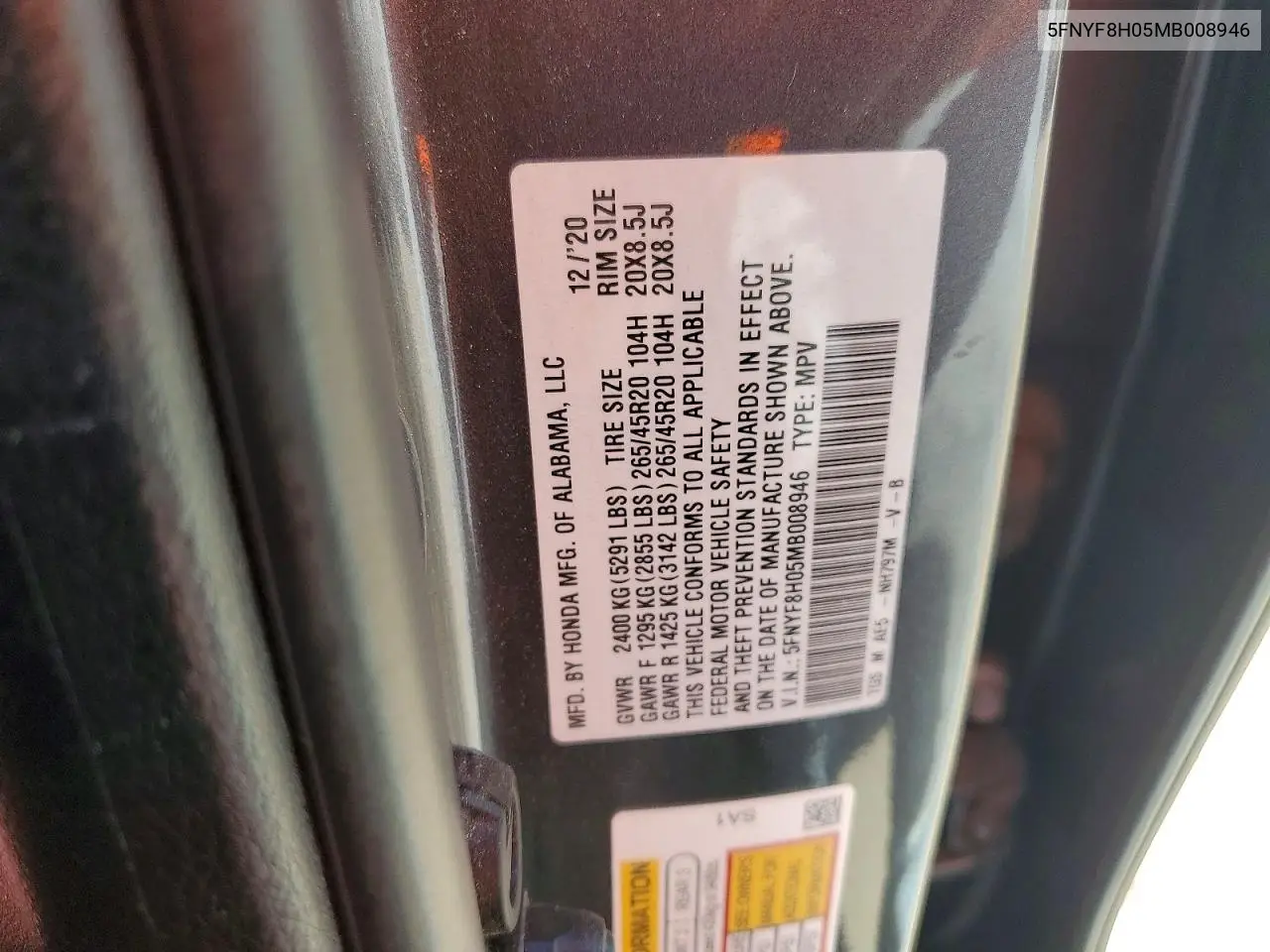 2021 Honda Passport Elite VIN: 5FNYF8H05MB008946 Lot: 60021996
