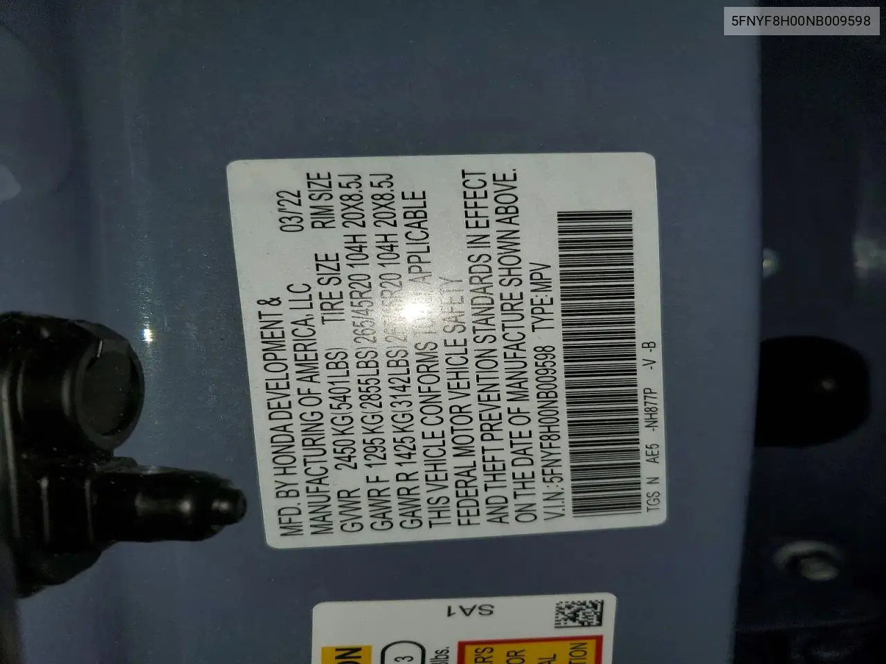 2022 Honda Passport Elite VIN: 5FNYF8H00NB009598 Lot: 53821886