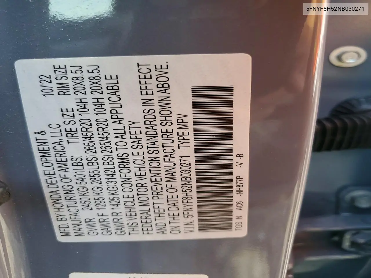 2022 Honda Passport Exl VIN: 5FNYF8H52NB030271 Lot: 61749846