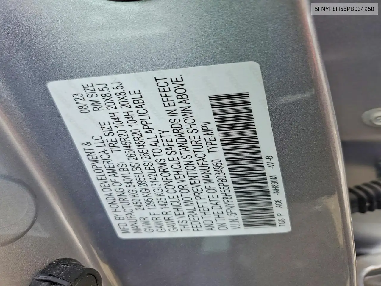 2023 Honda Passport Exl VIN: 5FNYF8H55PB034950 Lot: 57857366