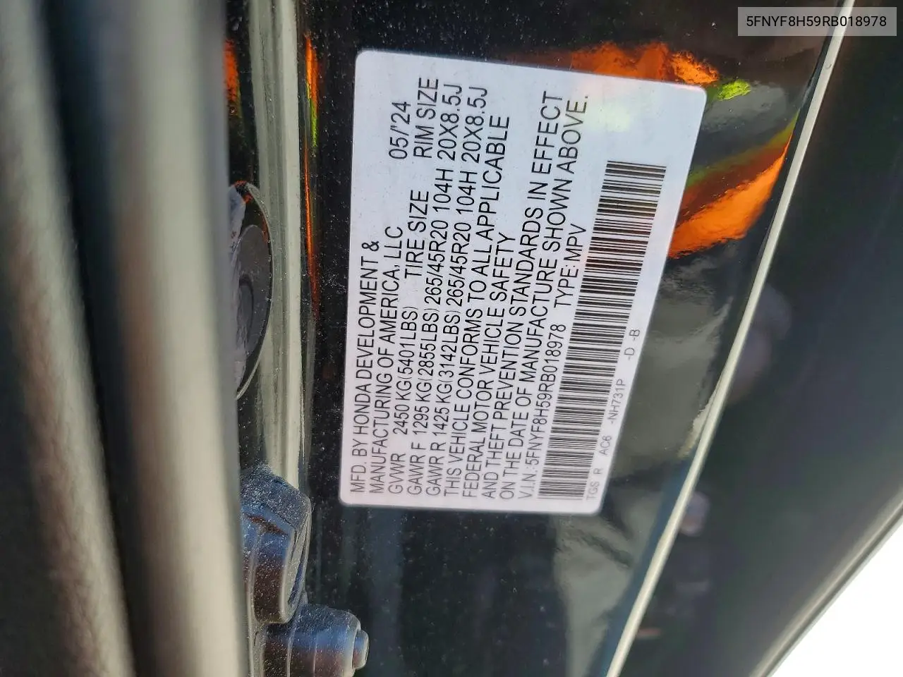 2024 Honda Passport Exl VIN: 5FNYF8H59RB018978 Lot: 59003036