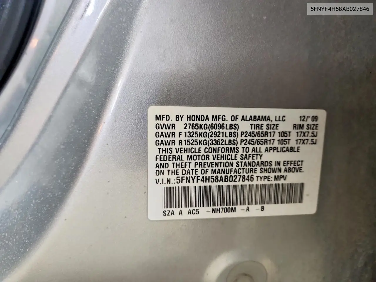 2010 Honda Pilot Exl VIN: 5FNYF4H58AB027846 Lot: 62033056