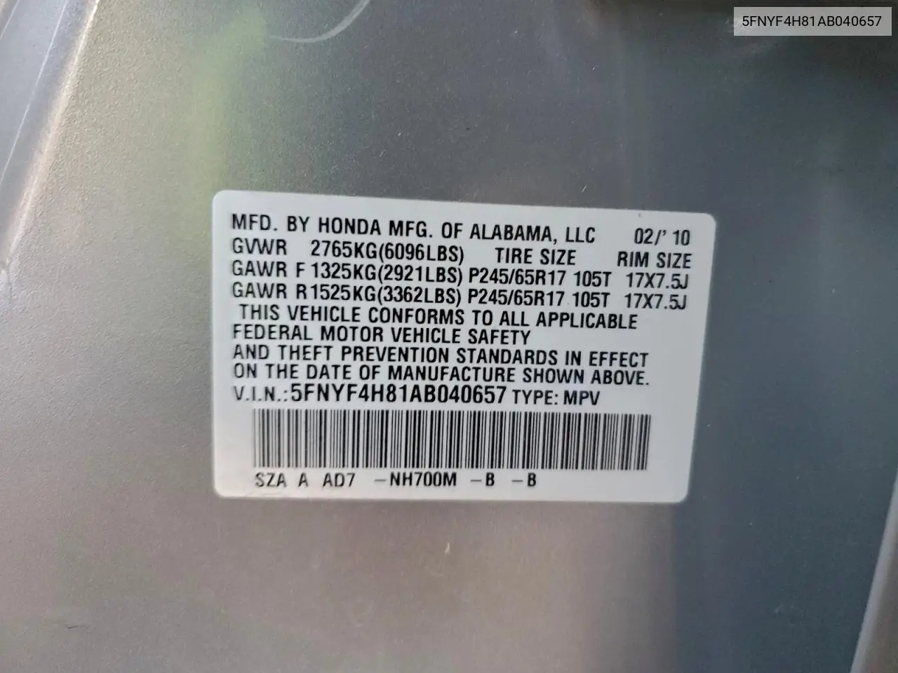 5FNYF4H81AB040657 2010 Honda Pilot Touring