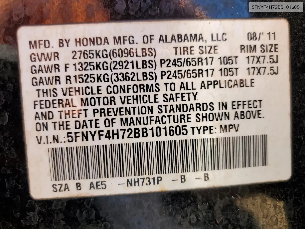 5FNYF4H72BB101605 2011 Honda Pilot Exln