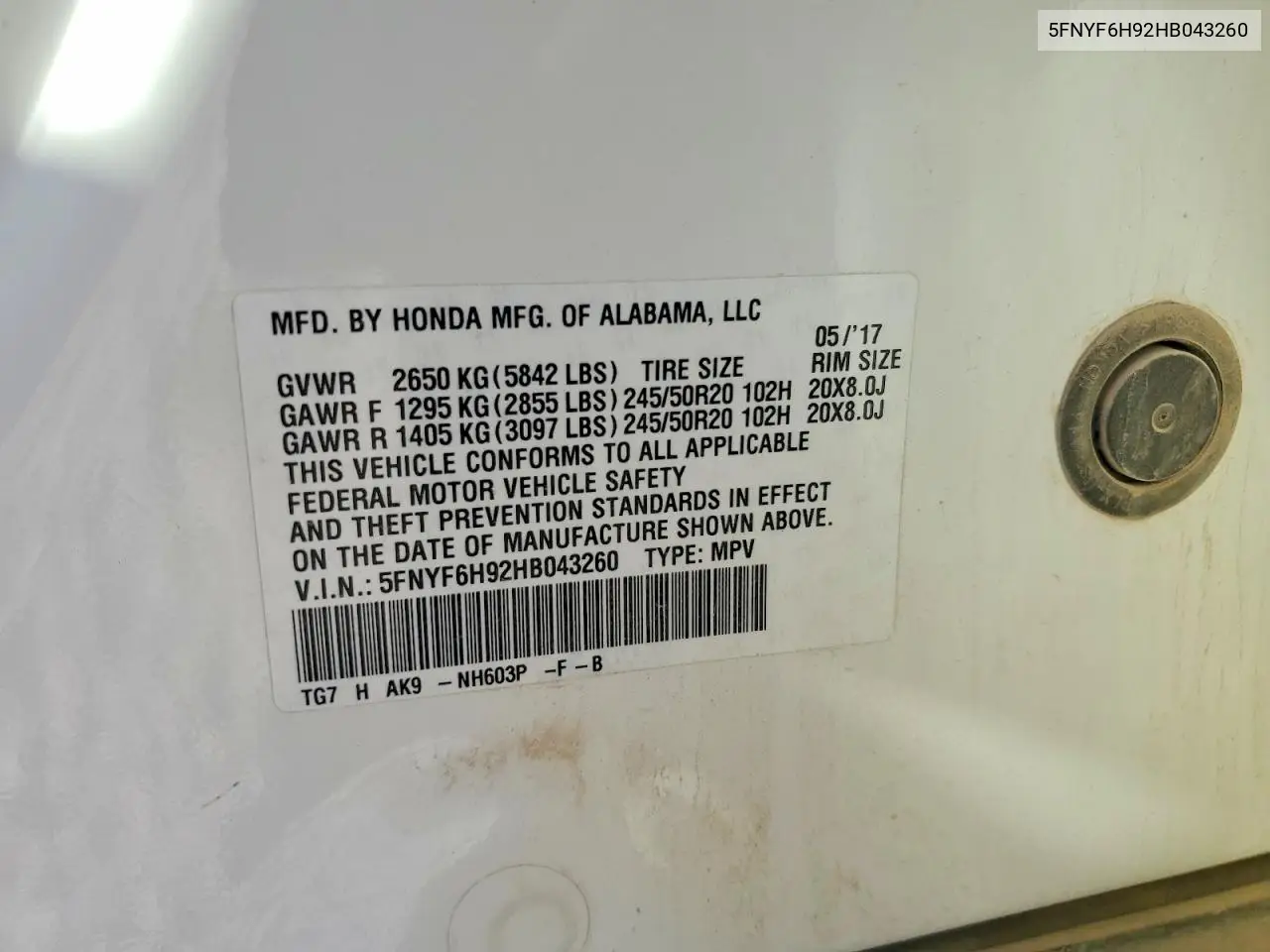 5FNYF6H92HB043260 2017 Honda Pilot Touring