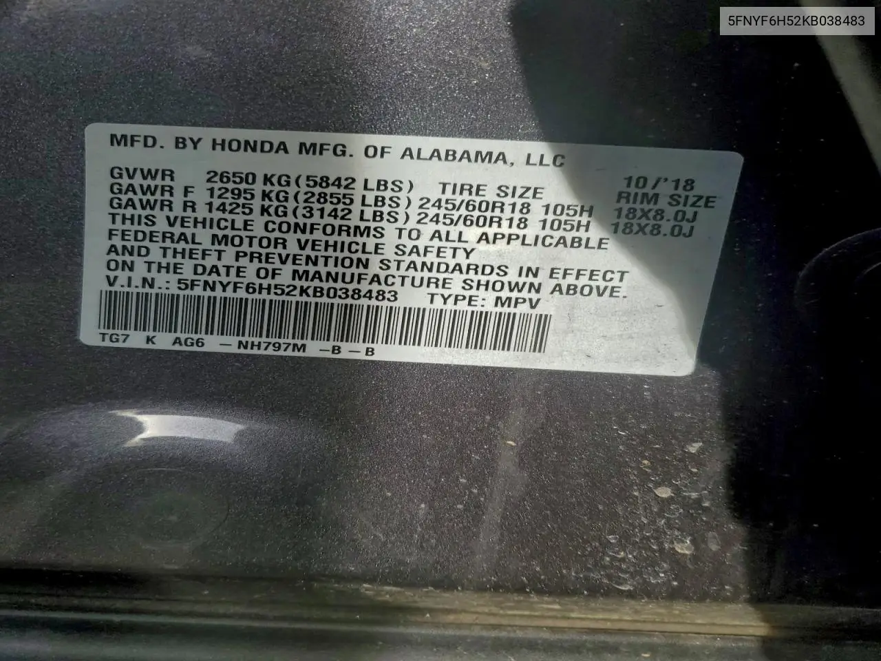 5FNYF6H52KB038483 2019 Honda Pilot Exl
