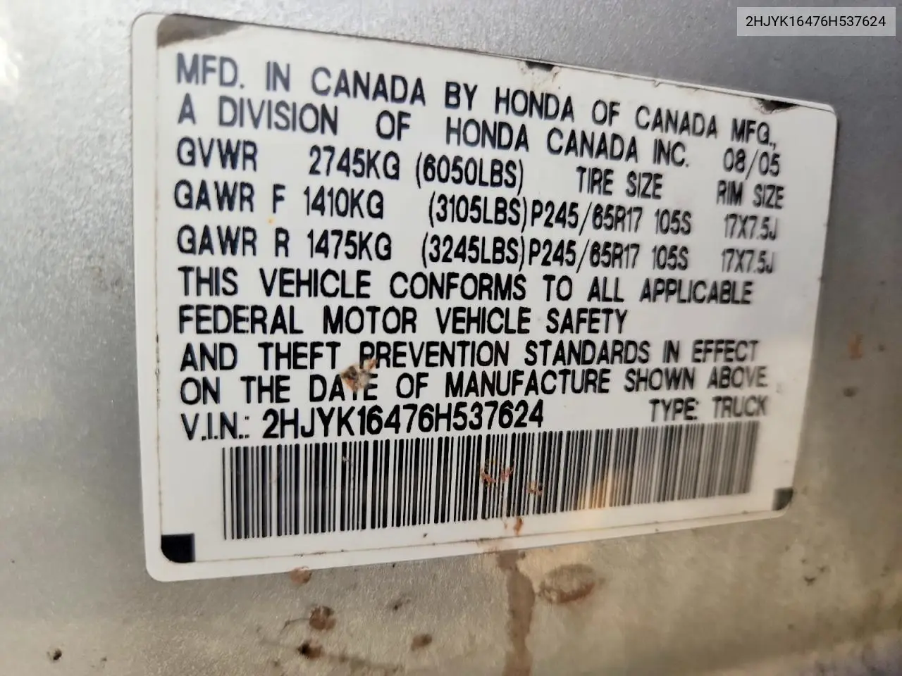 2006 Honda Ridgeline Rts VIN: 2HJYK16476H537624 Lot: 59855596